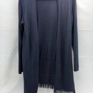 Talbots Navy Open-Front Women’s Medium Cardigan with bottom fringe.